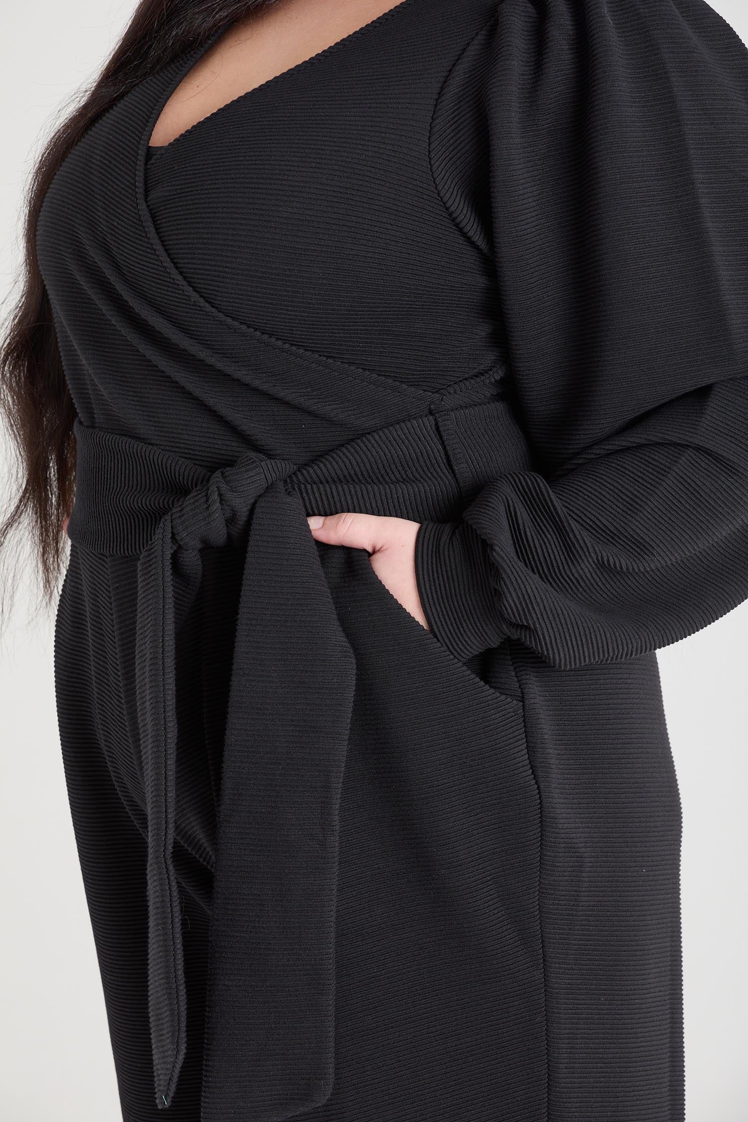 Ottoman Langärmliger Wickel-Jumpsuit - Schwarz
