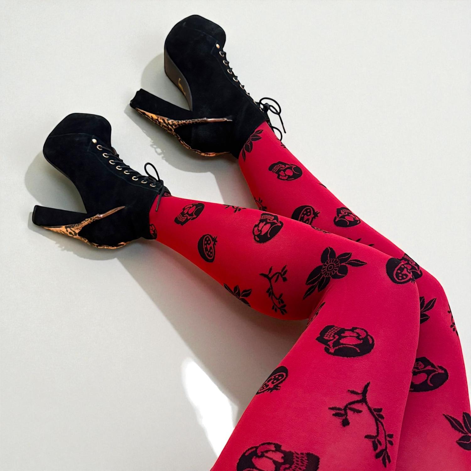 80 Den Blickdichte Strumpfhose - Danu Skull Flower - Blutrot