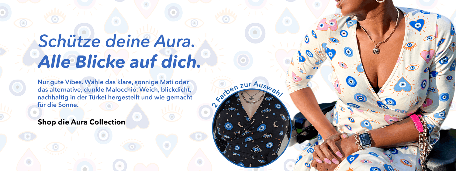 Ein Banner für die „The Nazar Collection“ von Snag. Das obere Drittel hat einen weißen Hintergrund mit einem dezenten, sich wiederholenden Muster aus dem Auge des Bösen und Herzen. Darauf befindet sich der folgende Text in blauer Schrift: „Good Energy. Great Fit. Die Nazar Collection ist da – und bringt ausschließlich positive Vibes. Wähle deinen Print: das frische, sonnige Mati oder das alternative, dunkle Malocchio. Weich, blickdicht, ethisch in der Türkei hergestellt und wie gemacht für Bewegung – den ga