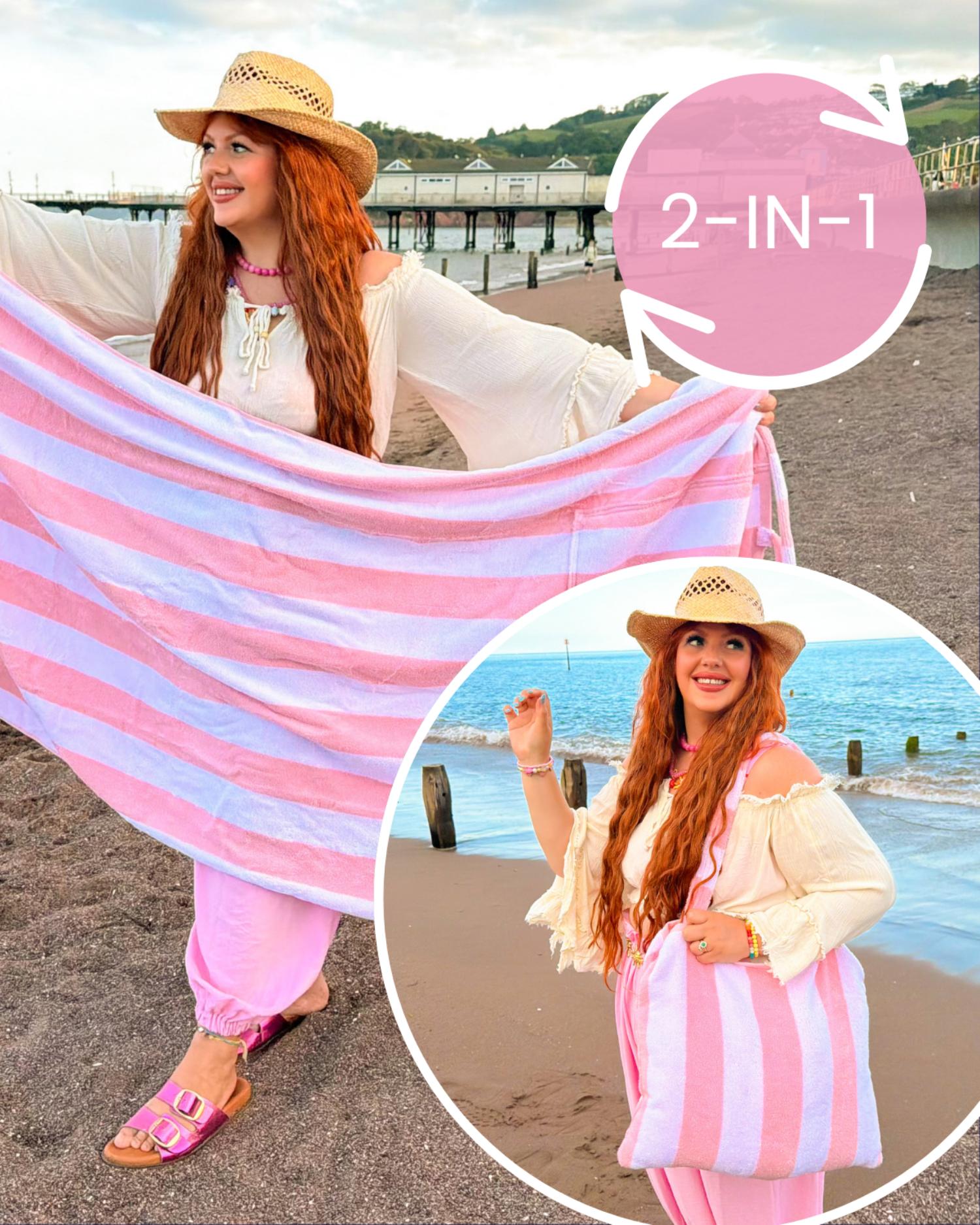 Big Softee 2-in-1 Strandtuch-Tasche – Pink/Weiß