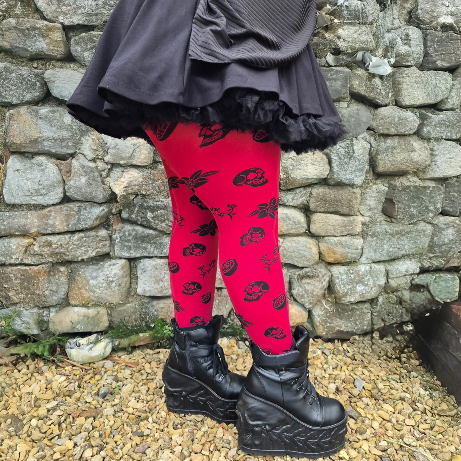 80 Den Blickdichte Strumpfhose - Danu Skull Flower - Blutrot