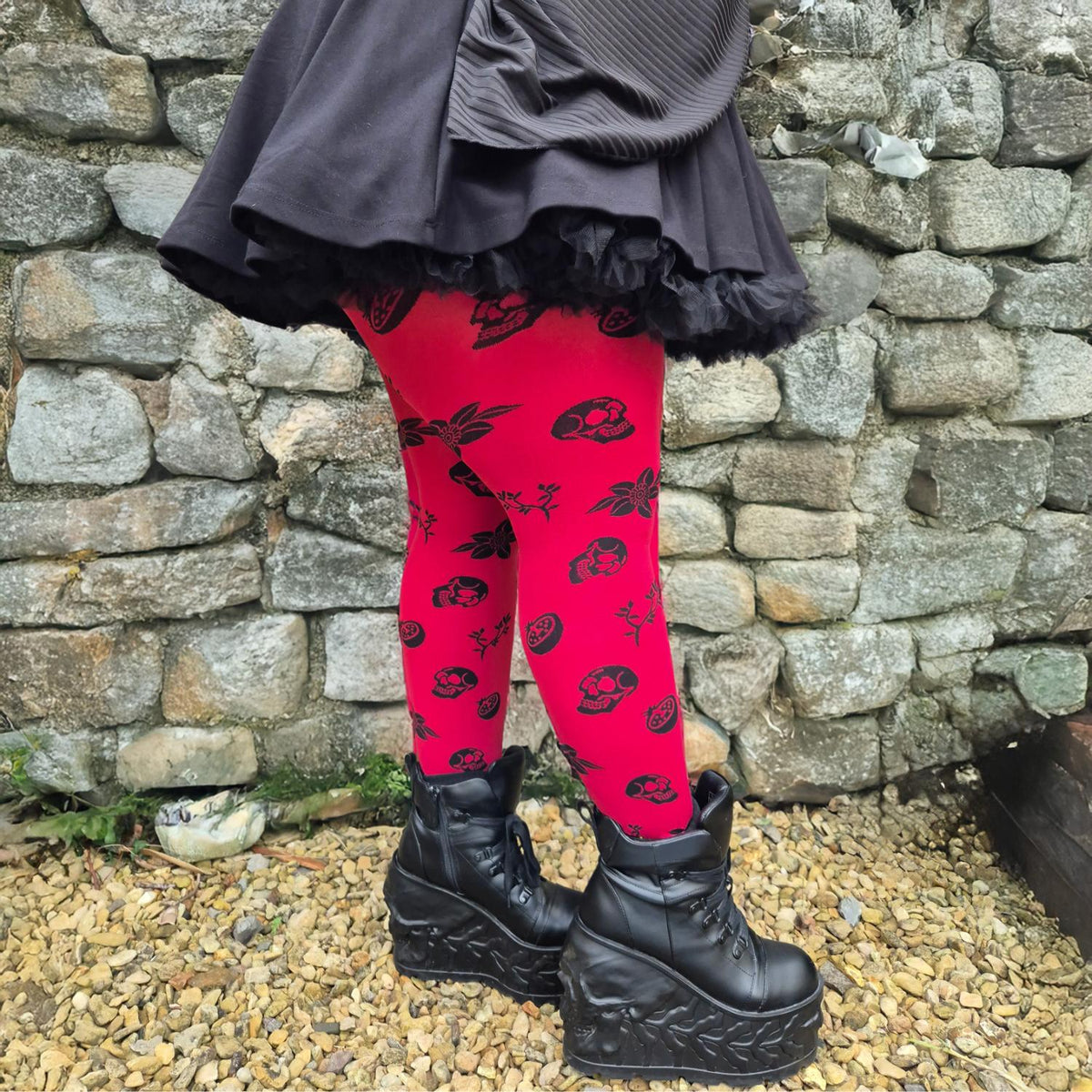 80 Den Blickdichte Strumpfhose - Danu Skull Flower - Blutrot