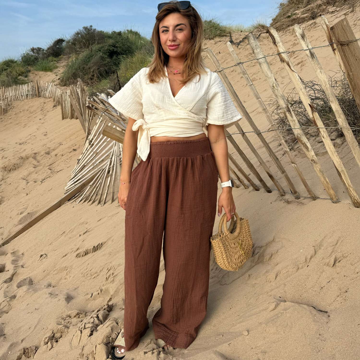 Noor Weite Hose aus Baumwoll-Musselin – Braun